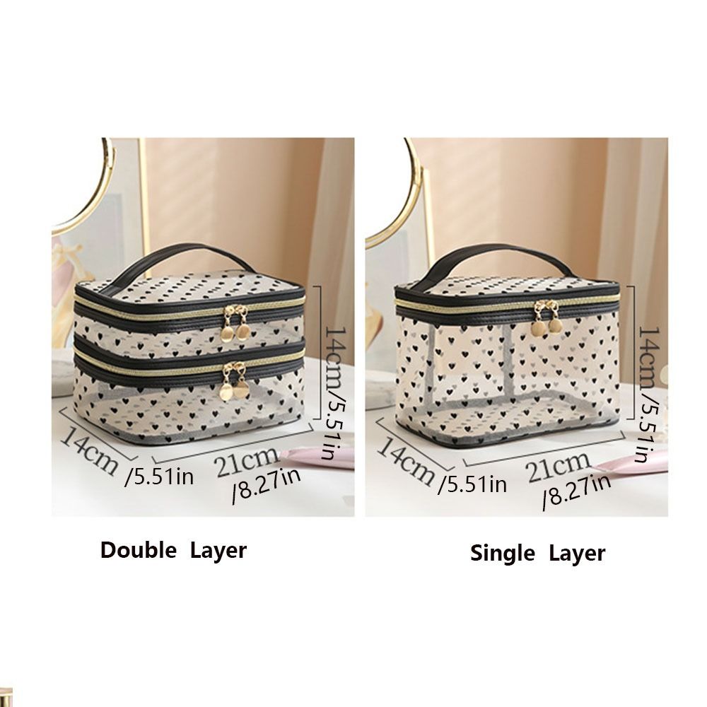 Portable Double/Single Layer Mesh Love Makeup Bag Black Heart Printed Zipper Women Toiletry Bag Large Capacity Transparent Cosmetics Organizer Women