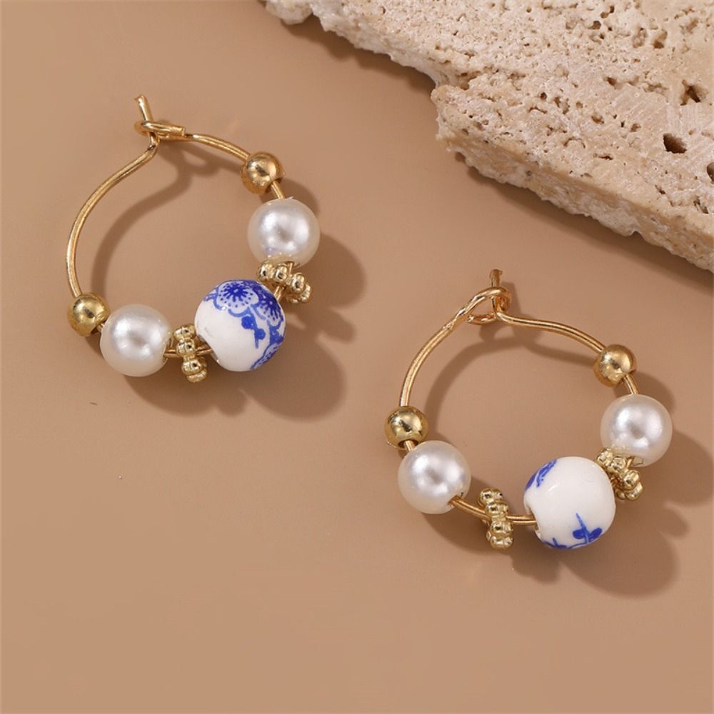 Cute Ceramics Dangle Earring Handmade Rice Bead Blue and White Porcelain Earrings Round Flower Beaded Earring Women
