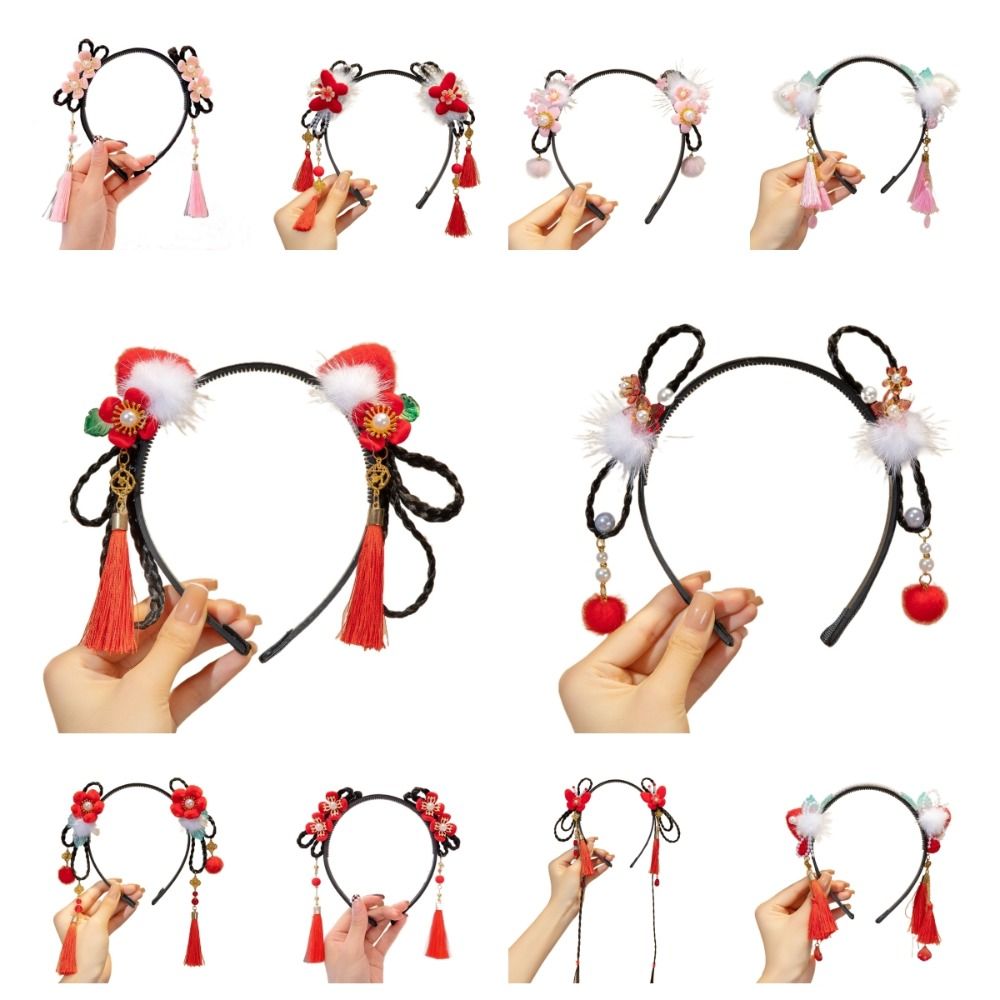 Traditional Chinese Style Hanfu Wig Headband Red Flower Tassel Headband Ancient Cute New Year Headwear Children