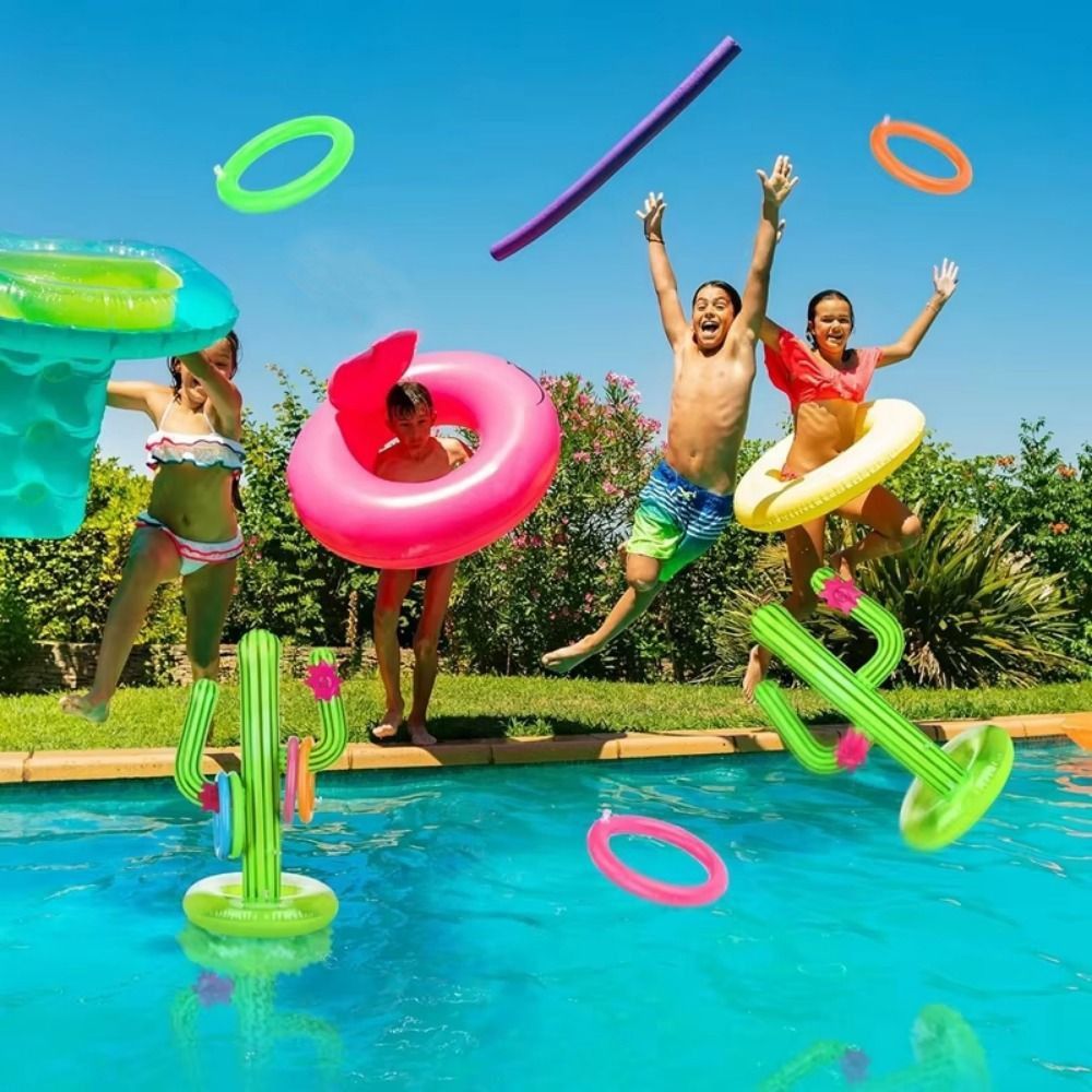 Float Game PVC Inflatable Cactus Ring Toss Game Floating Playing Cactus Inflatable Floating Toss Game Double Beats Swimming Ring Swimming Pool Air Mattress Water Sport