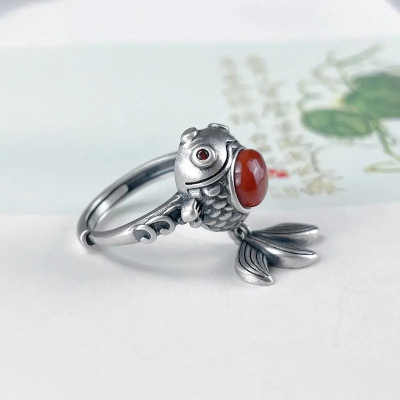 【Innovative designs】Thai Silver Koi Red Ring Retro Simple Personality Ring Design Hollow Index Finger Tibetan Silver Jewelry