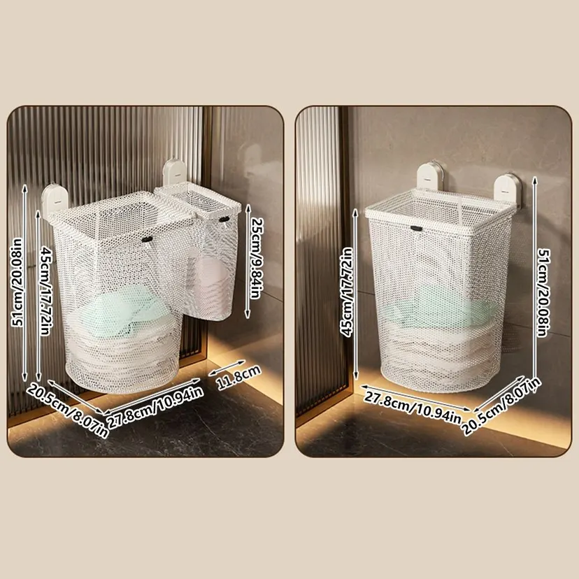Multi Functional Mesh Material Collapsible Laundry Bag Suction Cup Mounting Breathable Design Dirty Clothes Organizer /2 Compartments Large Capacity Clothes Hamper Tile Surfaces