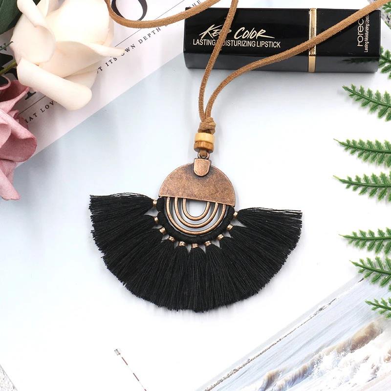 Yuanyan SUMENG 2024 New 9 Color Ethnic Long Leather Necklaces Bohemia Round Hollow Tassel Necklace For Women Vintage Charm Sweater Chain