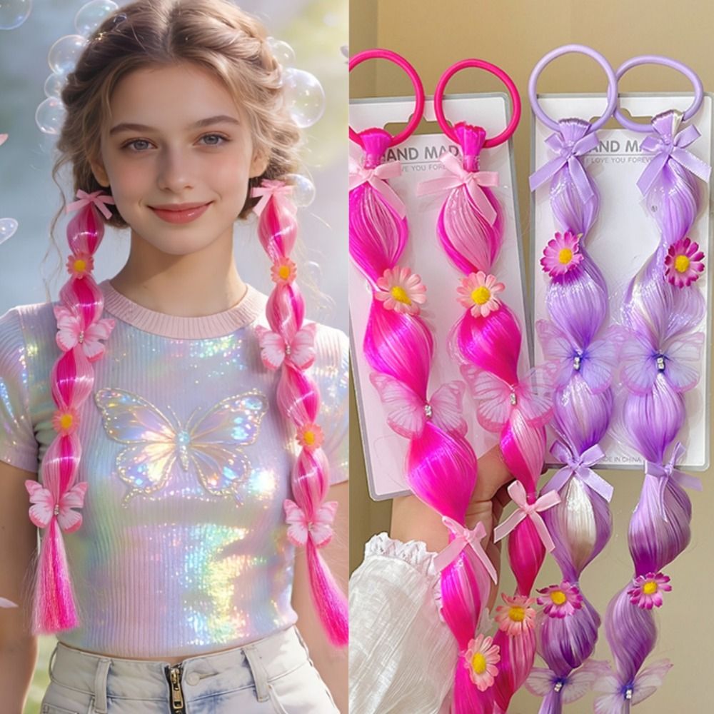 Natural Handmade Gradient Style Wig Braids High-Elasticity Hair Bands Colorful Braided Bubble Braids Hairpiece Hair Ties Butterfly Flower Long Ponytail Daily Outings