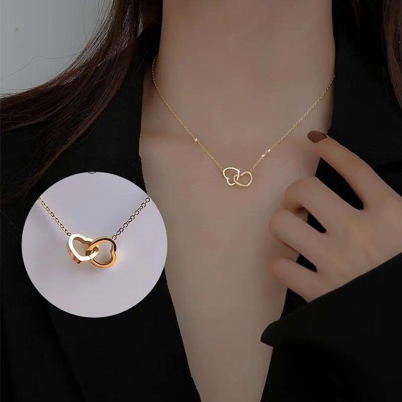 【New Arrivals】2024 New Double Heart Buckle Necklace Women's Simple Exquisite Small Gift Collarbone Chain Ins