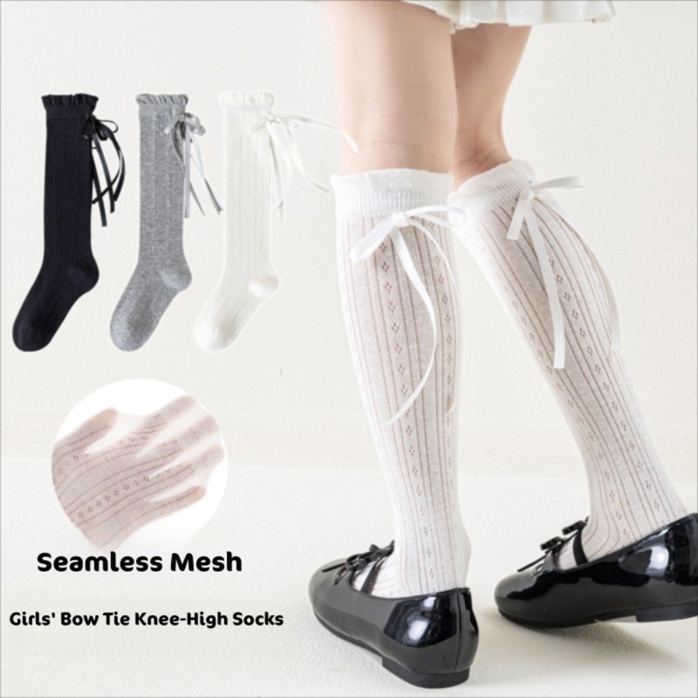 1 Pair Bow Design Mesh Kids Long Socks Solid Color Soft Knee High Socks Long Length Thin Baby Girl Socks 3-12Years Girls