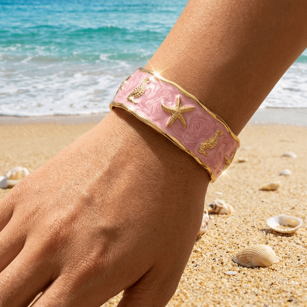 New Metal Shell Starfish Seahorse Bracelet Oil Dripping Style Exaggerated Design Stainless Steel Bracelet Design Color Open Cuff Bangle Casual Wear