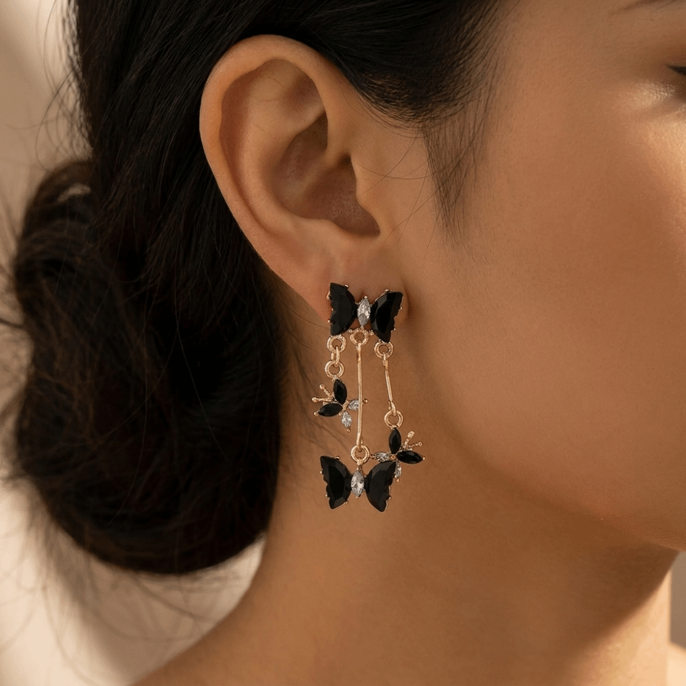 Vintage Elegant Butterfly Pendant Earrings Shiny Alloy Tassel Earrings Lightweight Black Long Drop Earrings Gift