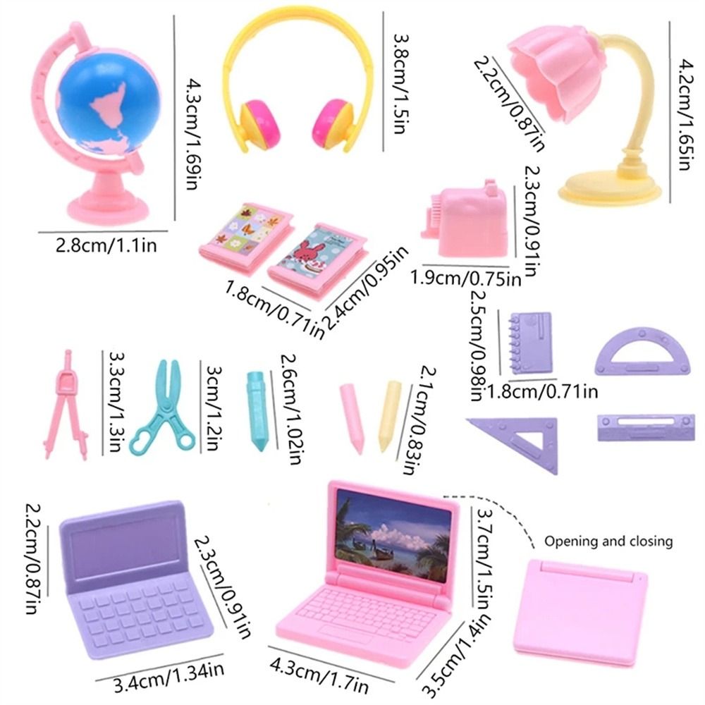 Girls Gift 18 Items Dollhouse Study Items Mini Laptop Ruler Globe Miniature School Supplies Table Lamp :12 Dollhouse Decor