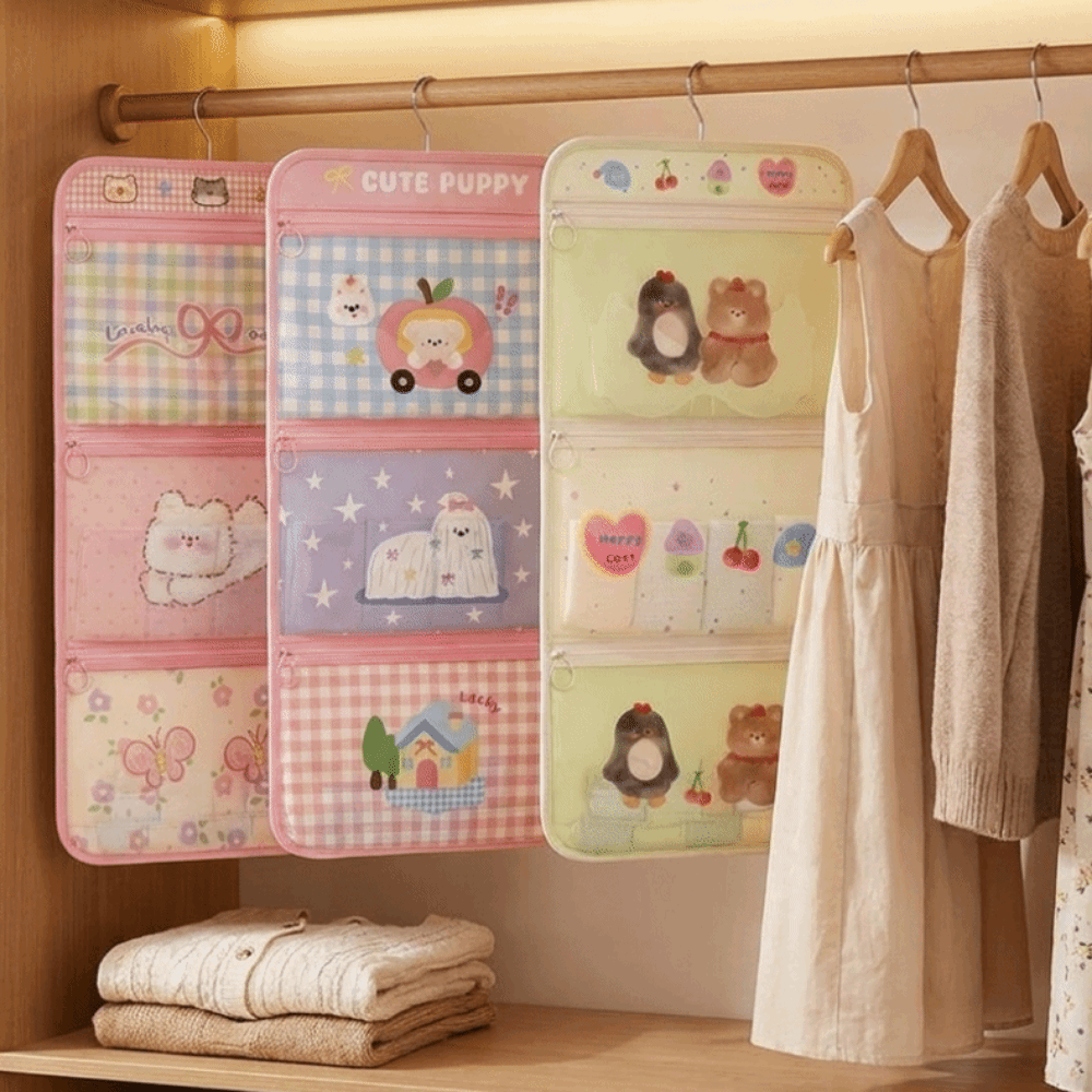 Portable Cartoon Style 3-Layer Hanging Storage Bag Space Saving Mesh Pockets Underwear Socks Storage Bag with Hanger Breathable Mesh Storage Bag Behind the Door