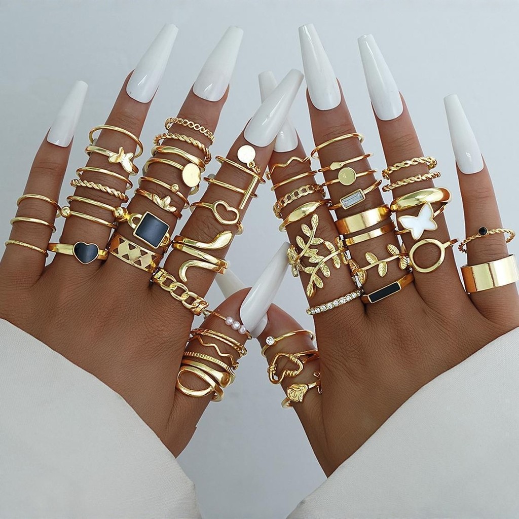 51Pcs/Set Elegant Female Retro Gold Geometric Open Ring Set for Women, Fashion Jewelry Joint Rings Ins Trendy Accessories Party Gifts Wholesale
