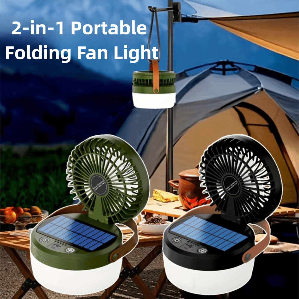 Powerful Rechargeable/Solar Portable Folding Fan Light Multi Functional Waterproof Cooling Fan with Light 2-in- Compact Tent Hanging Lantern RV