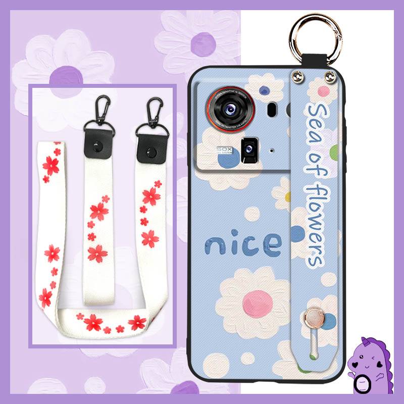Wristband Lanyard Phone Case For ZTE Nubia Z80 Ultra/Z2577 Flower Fashion Design Phone Holder Ring Back Cover Durable