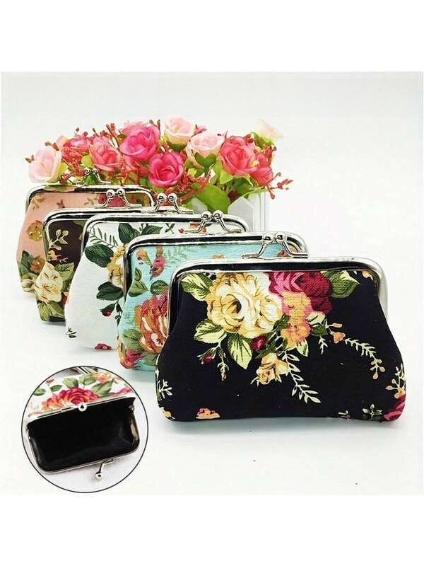 1/2pcs Random Pattern Korean Double Change Fabric Buckle Cute Small Vintage Rose Print Makeup Bag Button Kiss Lock Replacement Canvas Rack Perfect Gift Men And Suitable Carrying In Large Bags For Women Mini Purse Coin Wallet