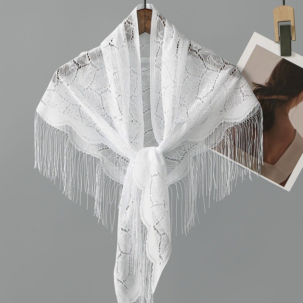 Elegant Cloth Lace Hollow Scarf Pure Color Embroidery Tassel Triangle Shawl Transparent White Mesh Scarves Women