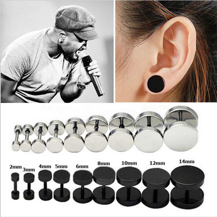 【New arrival】Stainless Steel Black Earrings Men's Round Barbell Dumbbell Earrings Flat Round Pie Earrings