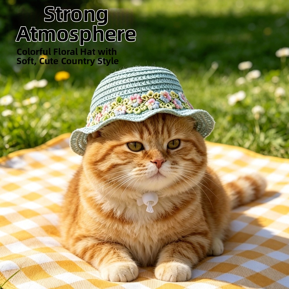 Fashion Adjustable Pastoral Style Pet Straw Hat Embroidered Floral Lace Trim Dog Fisherman Hat Wide Brim Breathable Pet Woven Cap Cats Dogs