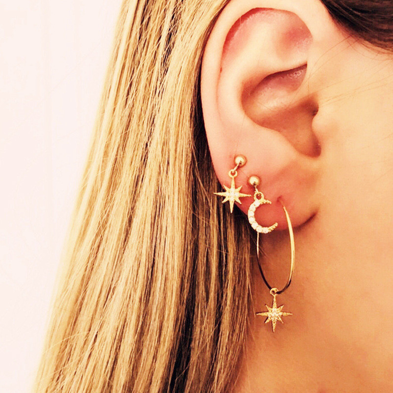【Hongtai Store】Modyle 2023 Fashion Gold Color Earrings For Woman Trendy Geometric Map Circle Moon Star Stud Earrings Female Jewelry
