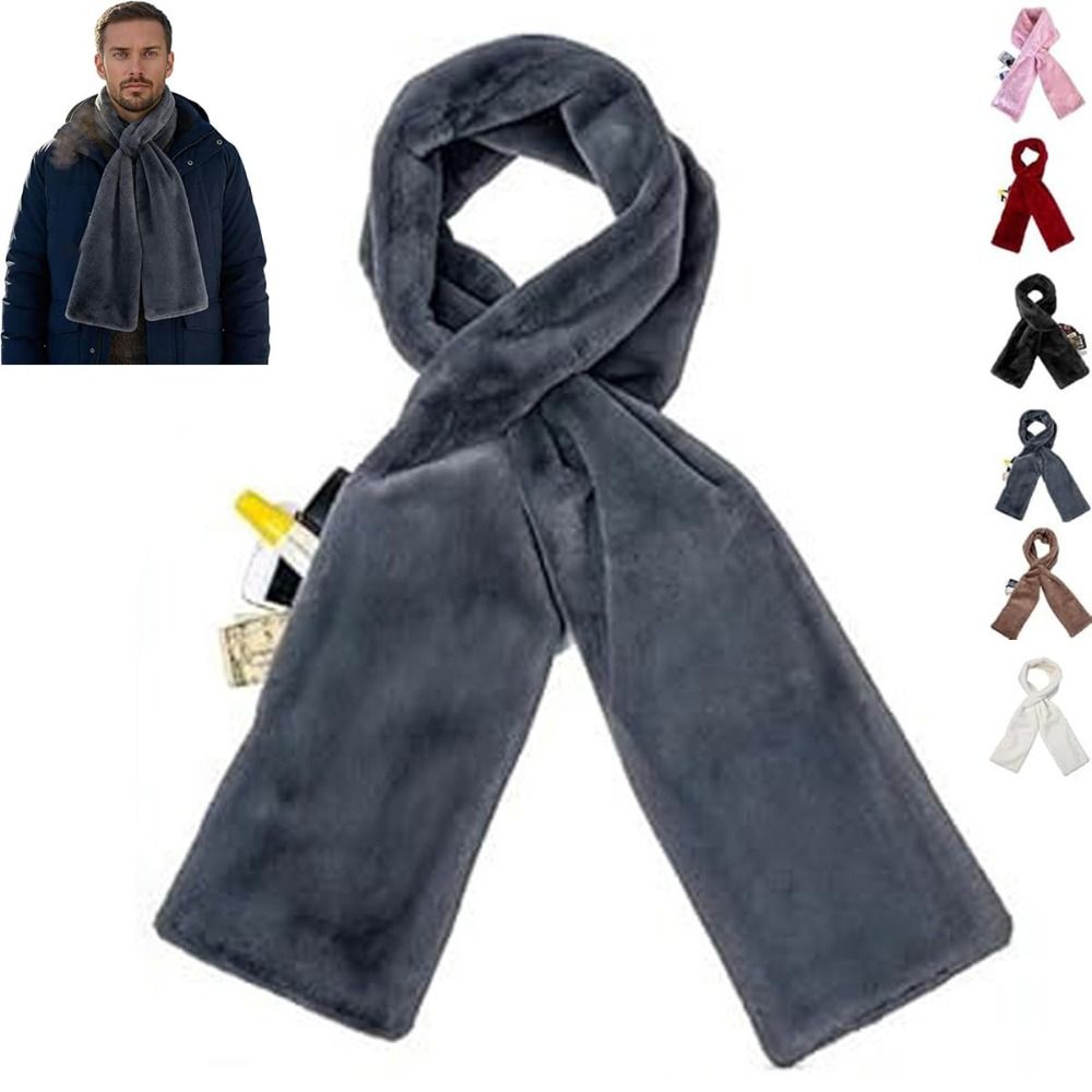 Comfortable Soft Scarf with Hidden Zipper Pocket Phone Storage Windproof Warm Long Scarf Thickened Cold Protection Faux Fur Scarf Cold Weather