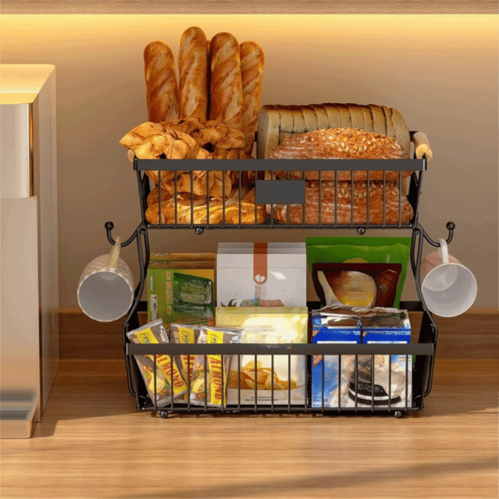 Practical Wrought 2 Tier Fruit Basket Detachable Wooden Handle Snack Storage Basket Space-saving With Hook Kitchen Fruit Vegetable Storage Rack Sundries