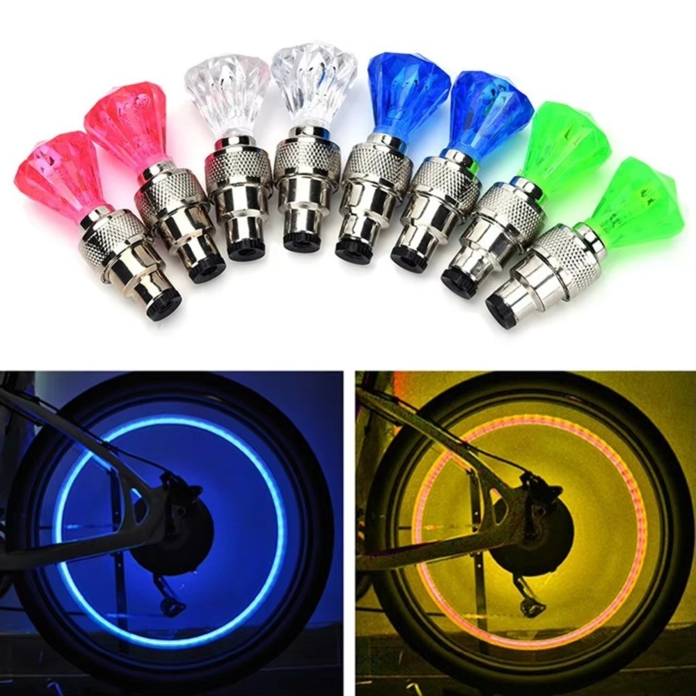 2PCS Universal Waterproof LED Bike Wheel Light Gemstone Shape Polychrome Tire Valve Cap Lights Flash Light LED Wheel Tire Light Bicycle Use