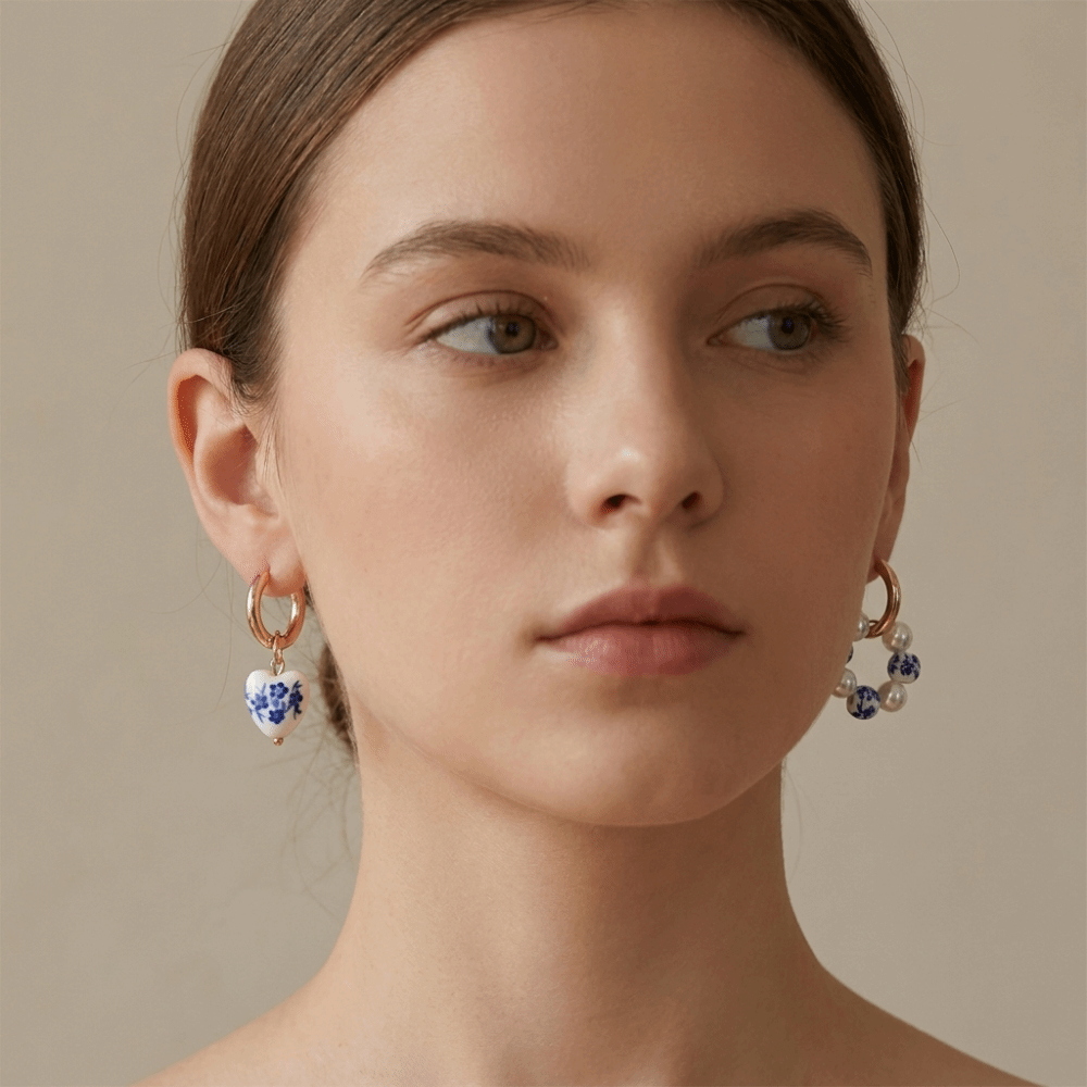 Exquisite Blue White Color Ceramic Pendant Earrings Stainless Steel Ear Buckle Ear Buckle Hanfu Accessories Chinese Style Heart Earrings Party