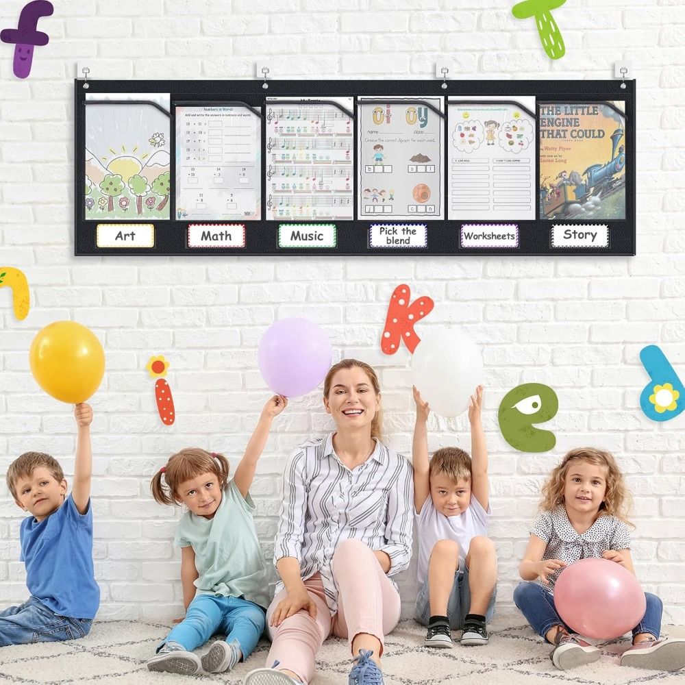 Lightweight Sturdy Horizontal Storage Pocket Chart Wall Mounted with 6 Clear Pockets Homework Storage Pocket Chart Durable 4 Hook Hole Hanging Wall File Organize Homeschool Use