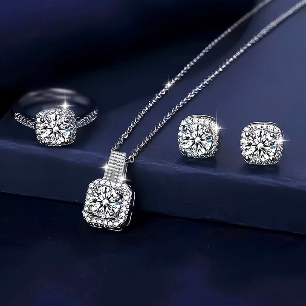 Premium Quality Shiny Zircon Necklace 3pcs Set Geometric Earring Rings Square Jewelry Set Anniversary Gift