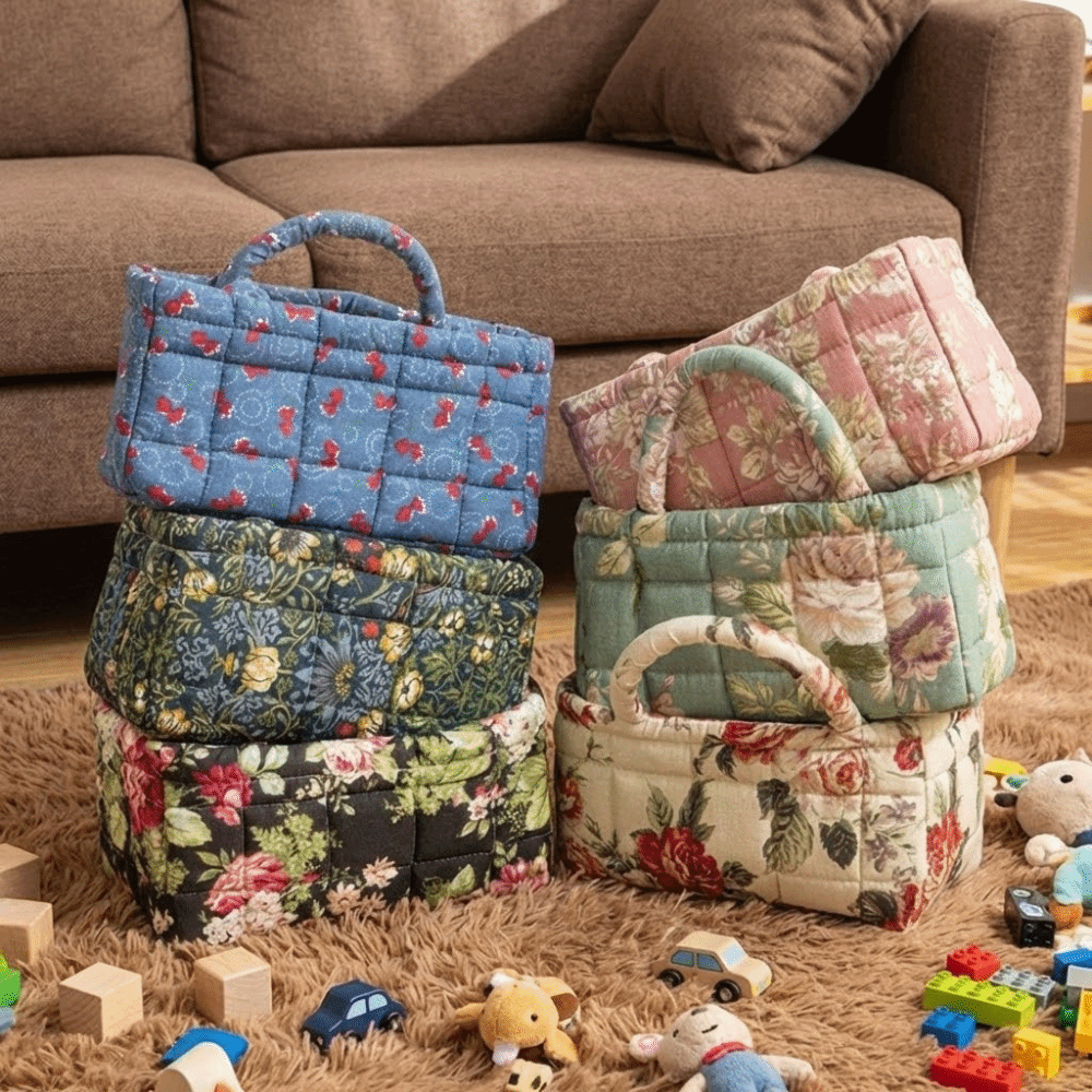 Sweet Style Floral Pattern Bento Handbags Foldable Patchwork Design Shopper Bag Portable Cotton Material Storage Basket Toy Storage