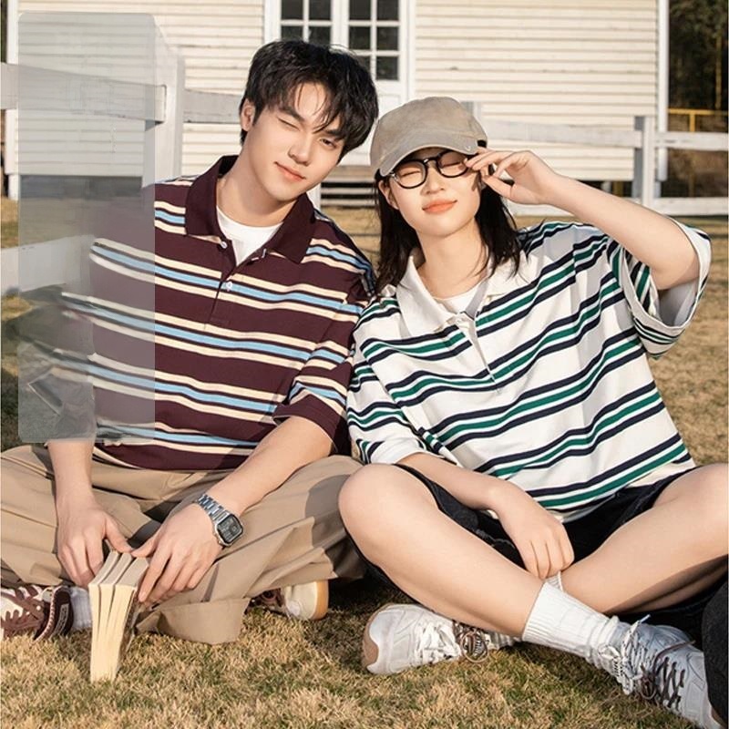 Sutuiying TFETTERS Brand Color Blocking T-shirt Men Turn Down Collar Baggy Original Casual Cotton Tshirts for Couples 2025 New Summer Oversize Tops