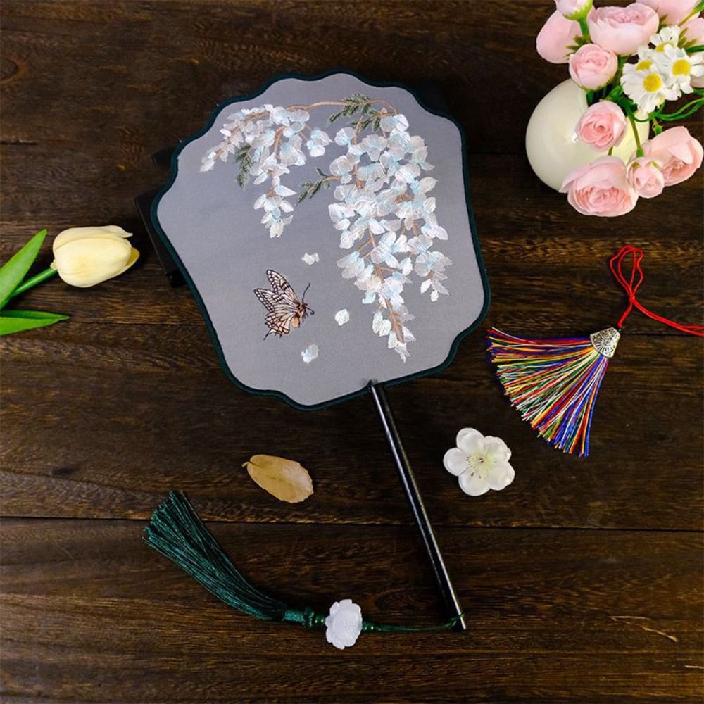 HanFu Chinese Style Chinese Embroidery Fan Handheld Flower Pattern Bridal Group Fan with Tassels Translucent Silk Fan Home Decor