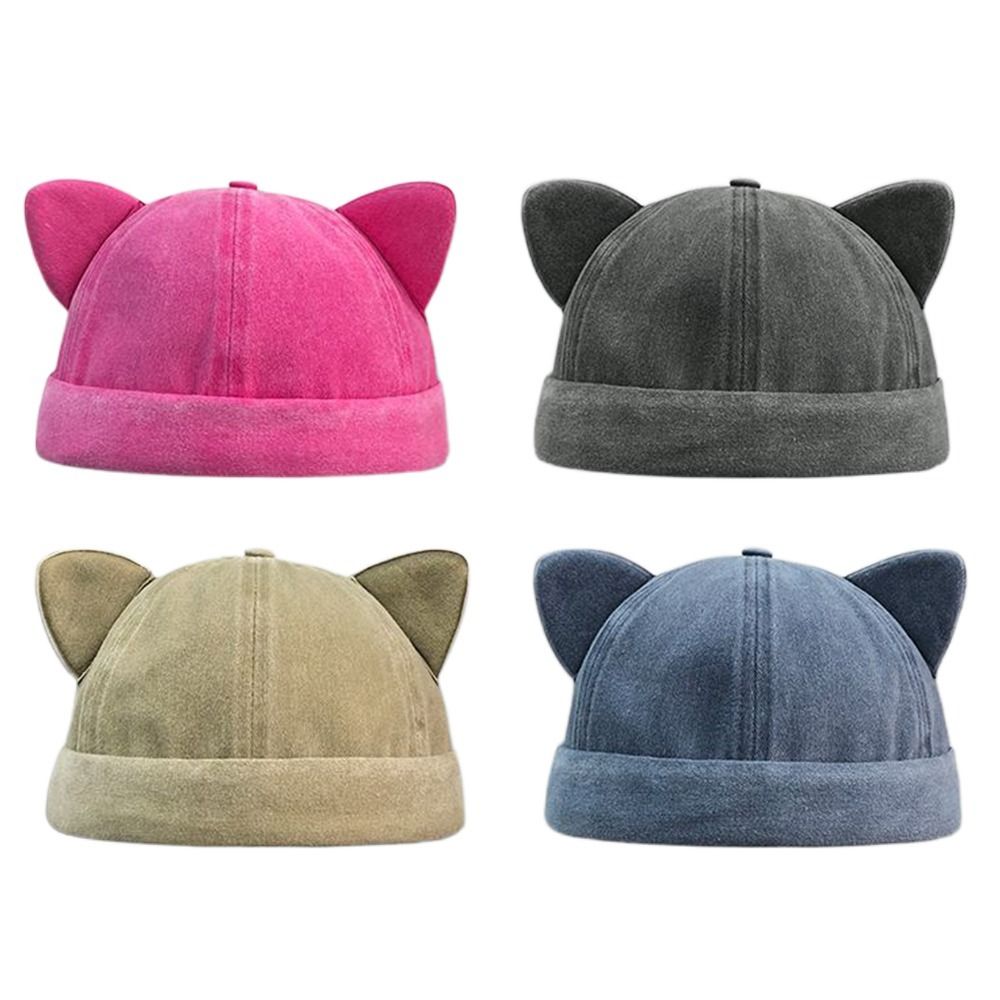 Fashion Cute Cat Ears Brimless Hat Adjustable Washed Old Solid Color Beanie Hat Sweet Breathable Bucket Cap Travel