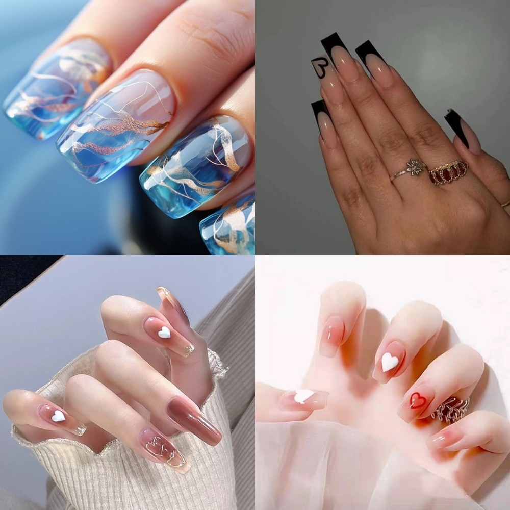 【WITH GLUE】24Pcs False Nails Pattern French False Nails Wearable Press on Nails Artificial Nails