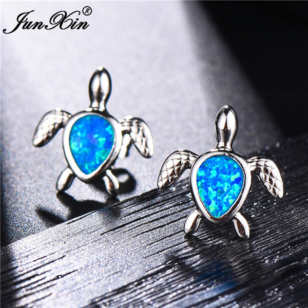 【Happy LifeStore】2023 Boho Female Small Sea Turtle Stud Silver Color Animal Blue White Fire Opal Earrings For Wo