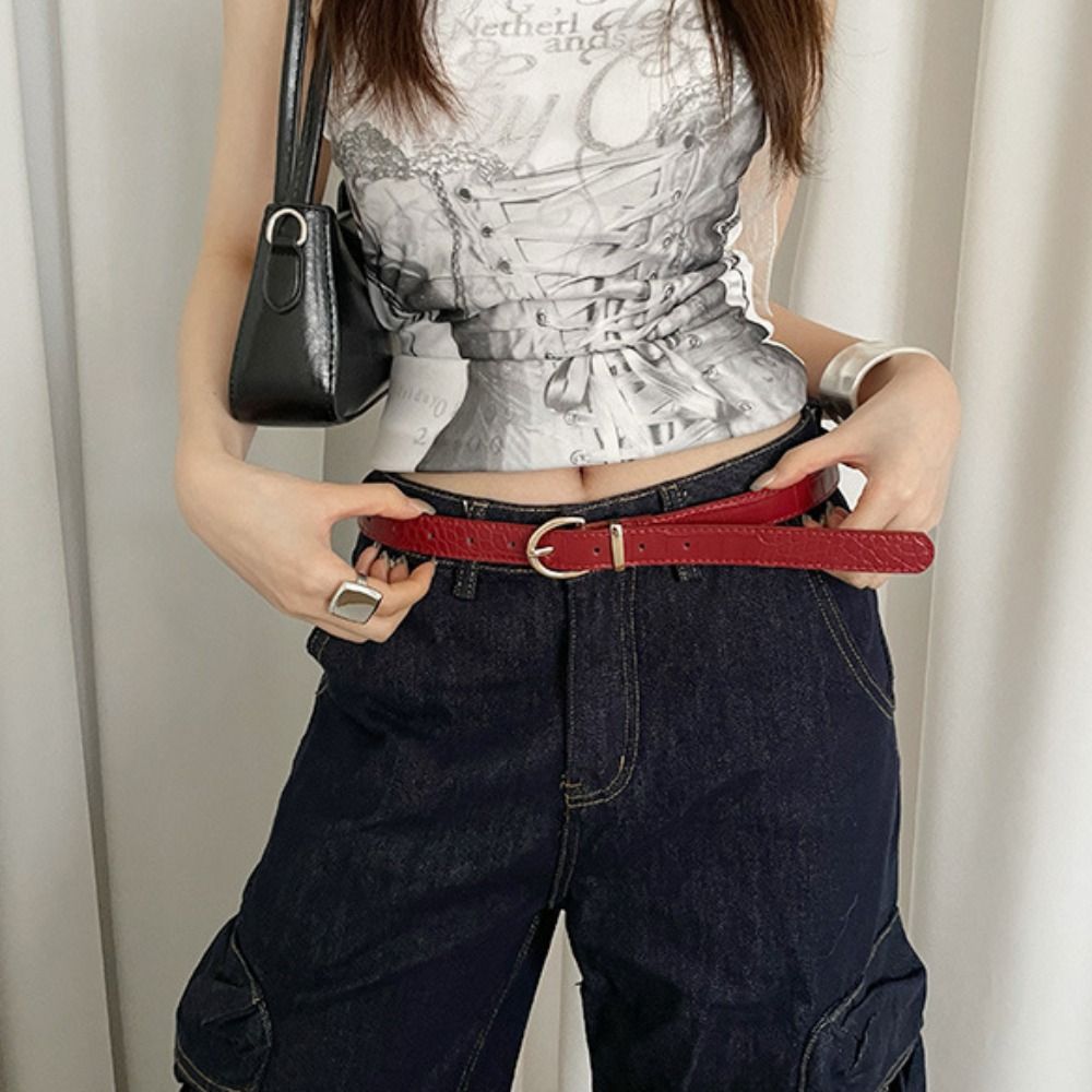Simple Y2k Women's Belt Thin Red Waist Belt PU Dress Jeans Belt Streetwear