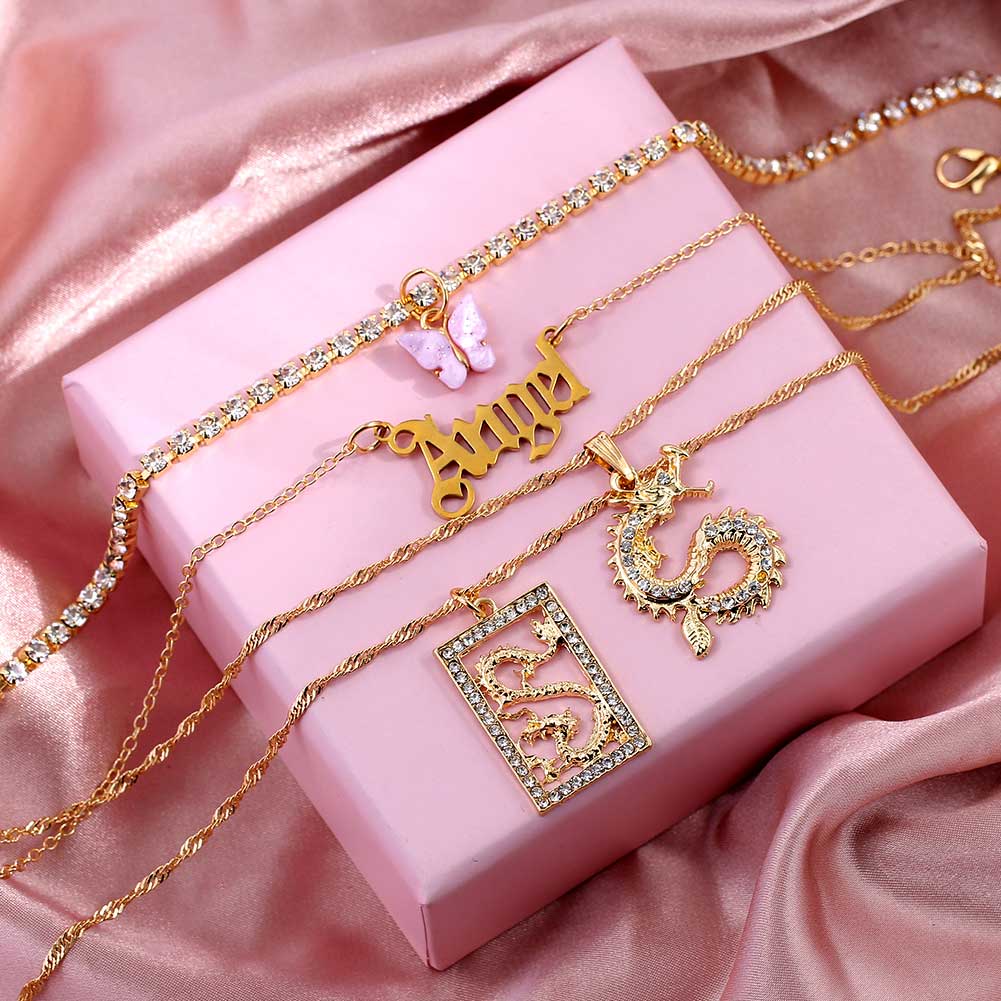 Yuanyan New Multi Layer Butterfly Dragon Charms Crystal Necklaces For Women Punk Golden Angel Letter Clavicle Chain Hiphop Gifts Jewelry