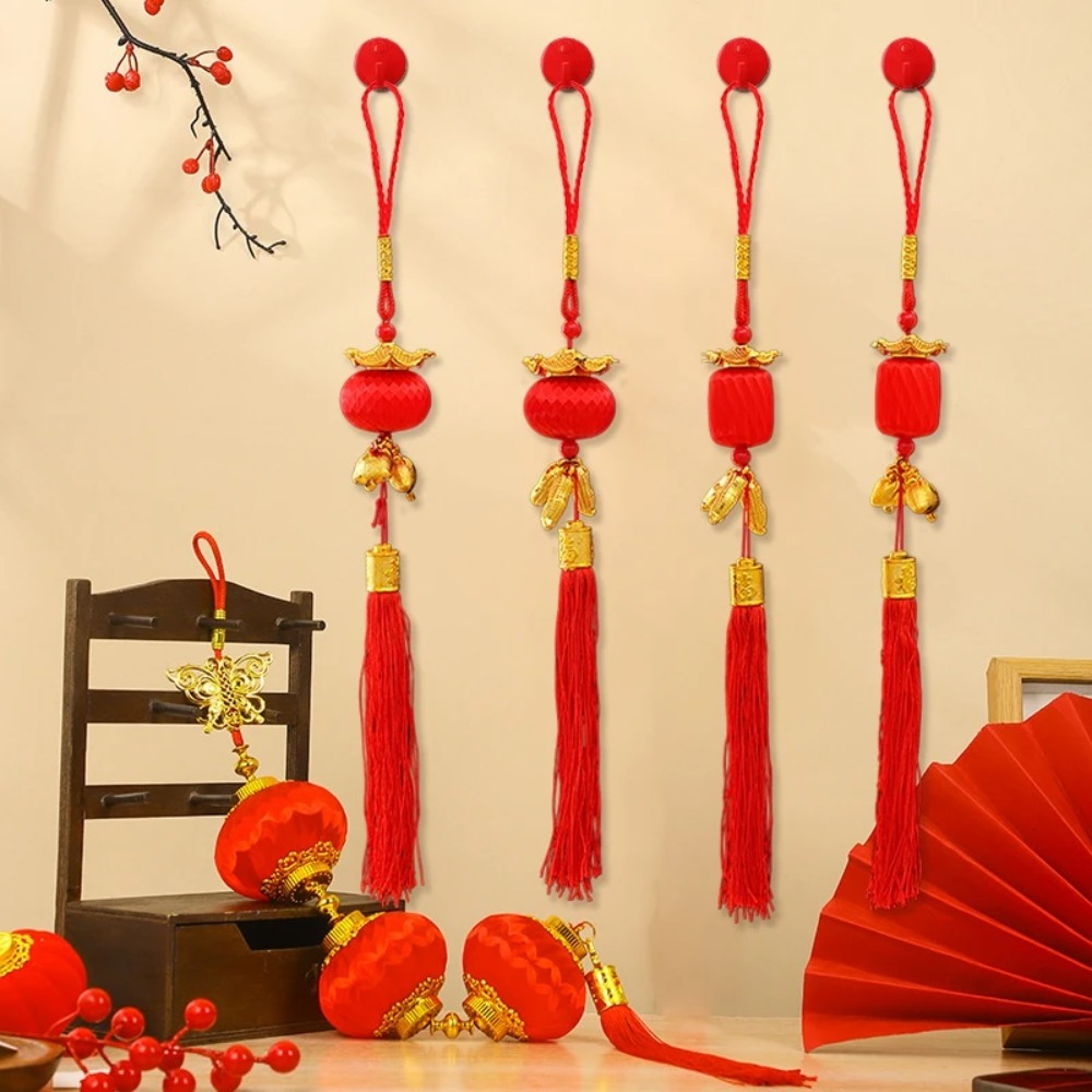 DIY Lantern Chinese Style New Year Red Lantern Pendants Traditional Blessing Round Ball Lantern String with Tassels Spring Festival Supplies Home Decor