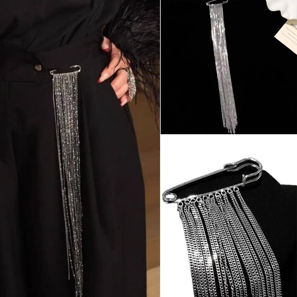 High Quality Alloy Tassel Chain Brooch Jewelry Accessories Silver Color Clothing Tie Pin Exaggerated Handbag Accessories Men