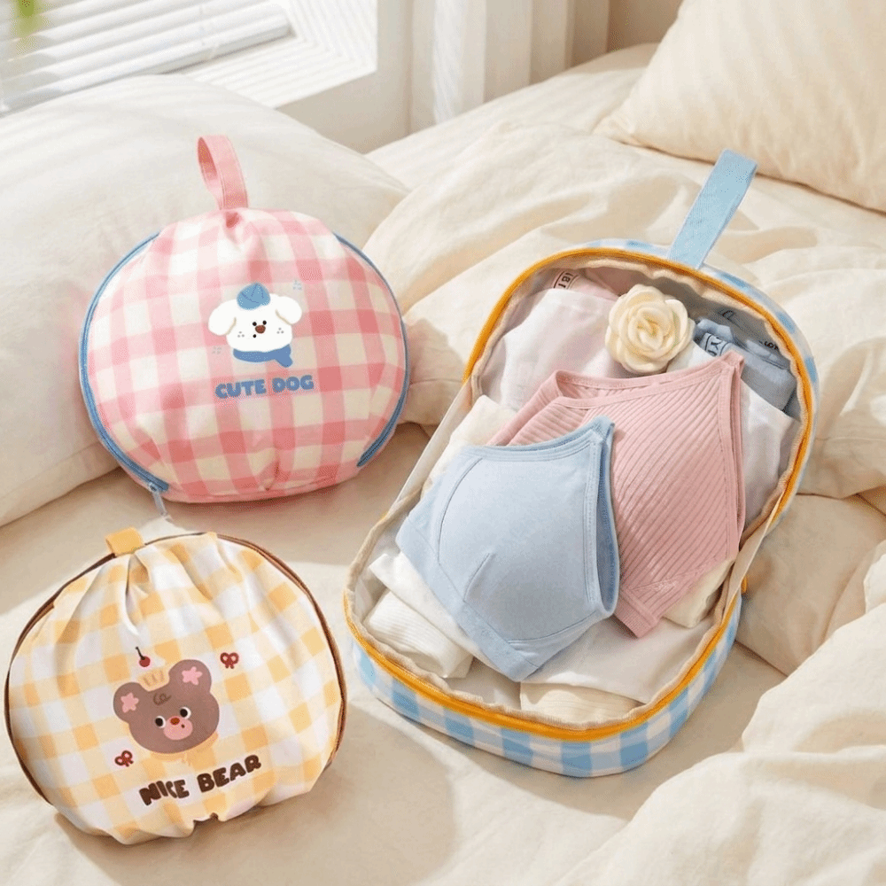 Portable Cartoon Underwear Storage Bag Large Capacity Folding Bra Storage Bag with Zipper Handheld Underwear Organizer Toiletry Storage