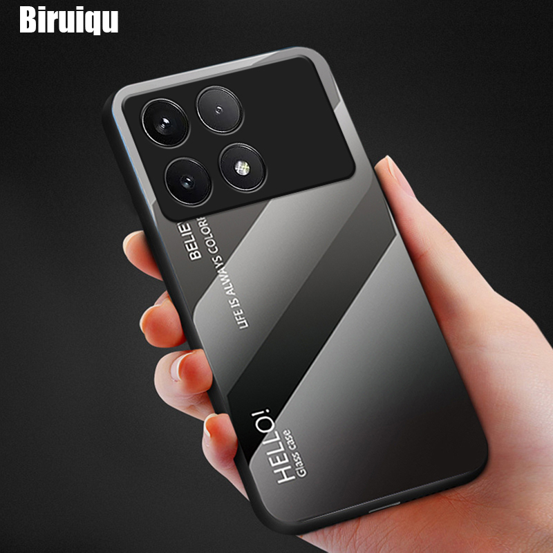 Biruiqu For Xiaomi Pocophone F6 Pro Shockproof Gradient Tempered Glass Back Soft Silicone Edge Case Cover