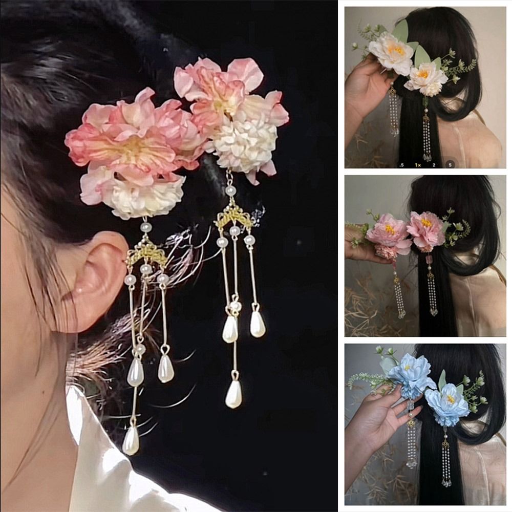 2PCS Vintage Handmade Flower Hairpin Tassel Floral Hair Clip Bride Wedding Hanfu Hairpin Hair Jewelry