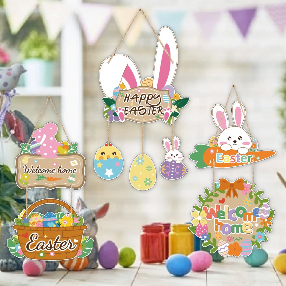 Creative Cartoon Easter Door Hanger Colorful Paper Easter Hanging Ornament Handmade Bunny Egg Decor Porch Display