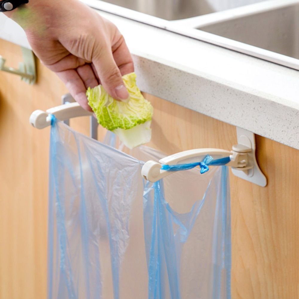 2 Pcs Creative Plastic Cabinet Garbage Bags Hook Beige Foldable Cupboard Back Trash Bag Hook Hanging Space Saving Trash Hanger Racks Storage Bag