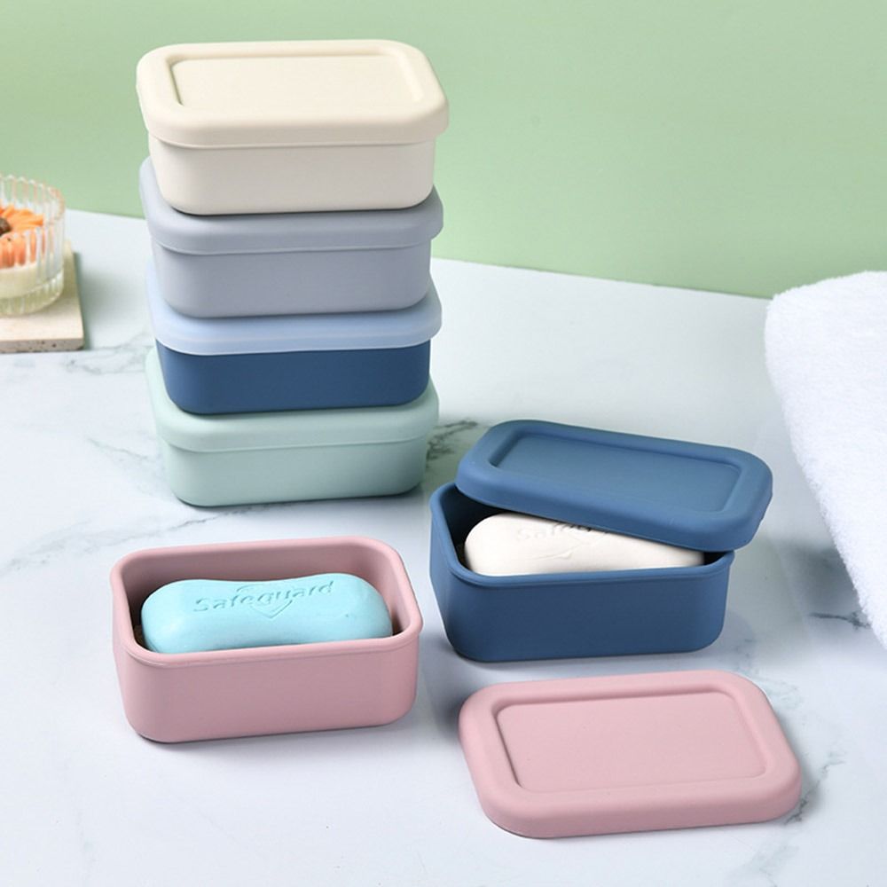 Portable Square Travel Soap Box Silicone with Lid Drain Soap Dish Keep Soap Dry and Cleanings Self Draining Storage Box Outdoor Travel