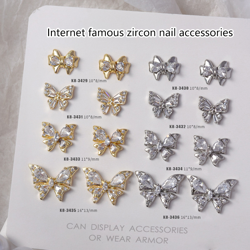 1Pcs Nail Zircon Jewelry Light Luxury Full Diamond Gold Silver 3D Butterfly Bow Metal Nail Rhinestone Manicure Charms Decoration CF8