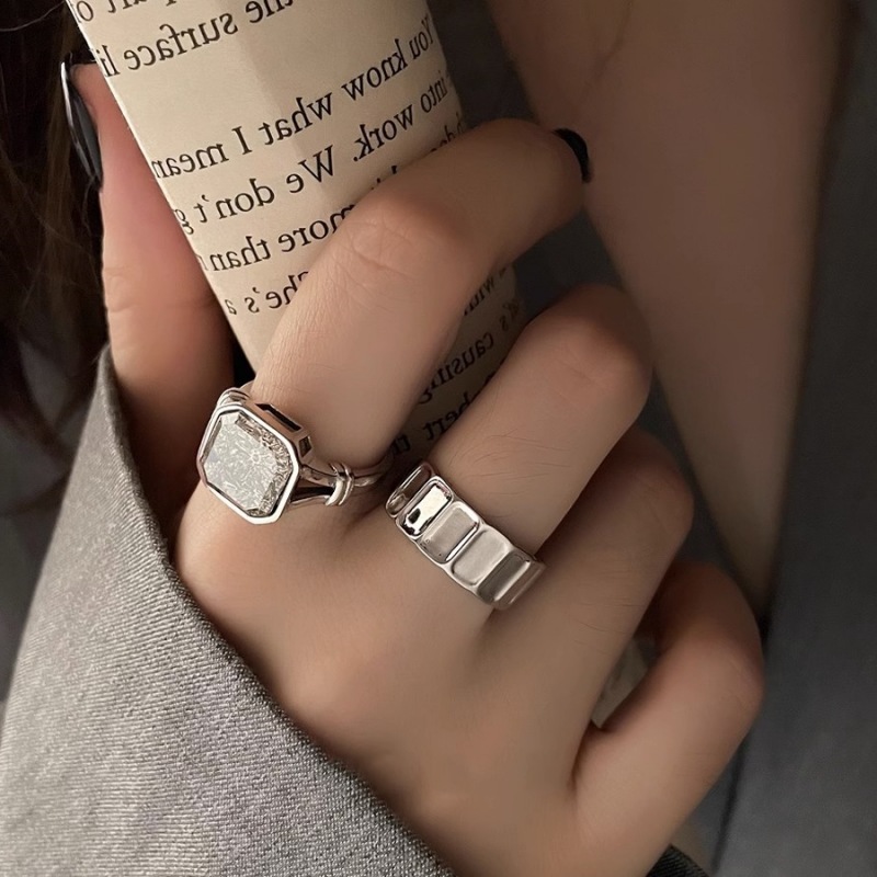 【Special offer】Korean Style Ice Crystal White Square Zircon Open Ring Women's Fashionable Distinctive Ring Ins Cold Style Light Luxury Ring