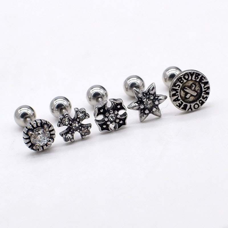 【Top Picks】Titanium Steel Cast Vintage Cross Zircon Earrings Thick Needle Ear Nails Round Brand Button Earrings Trendy Men's Earrings Earrings