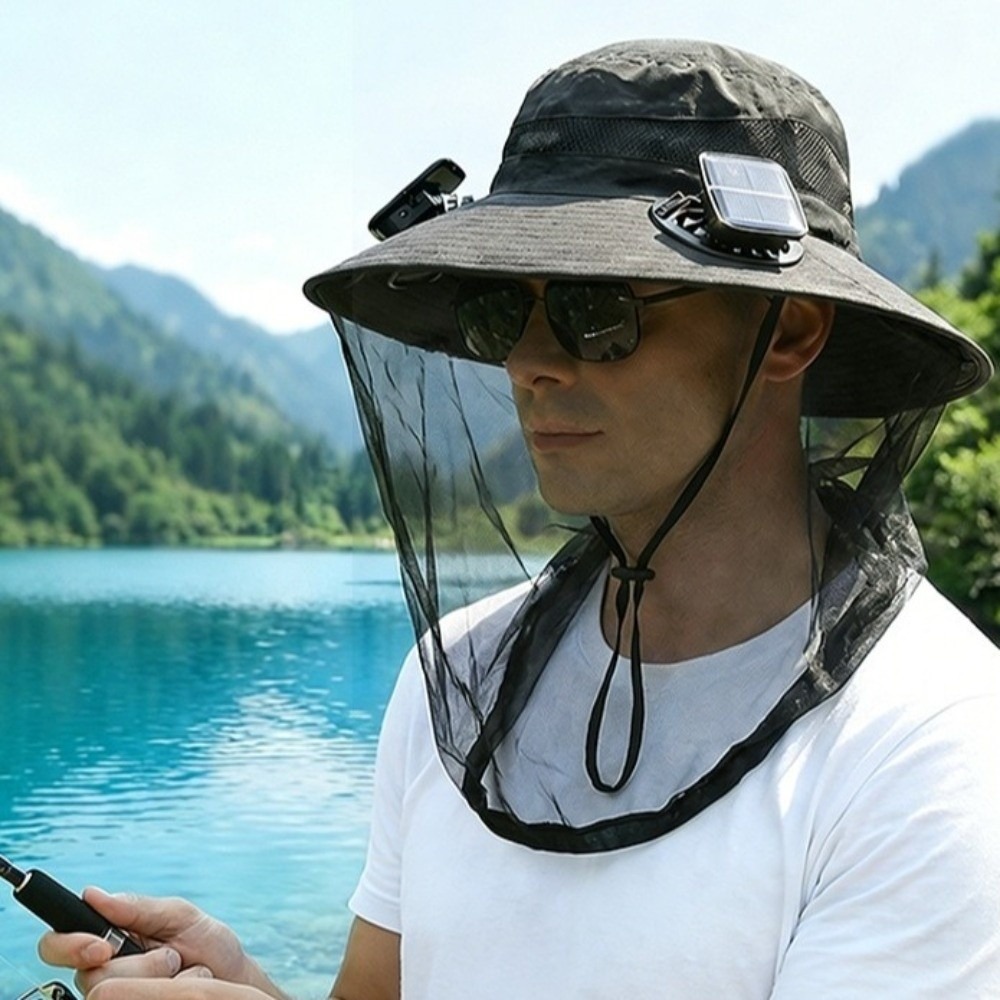 New Mesh Net Mosquito Head Net Hat Anti-Mosquito Unisex Bucket Hat With Solar Fan Portable Rechargeable Wide Brim Sun Hat for 3.7V 300mAh Hiking