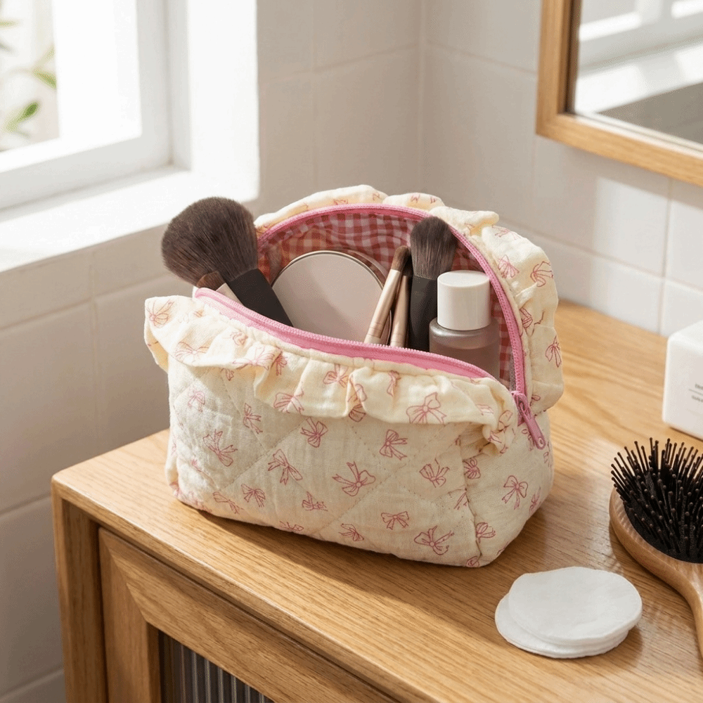 Women Portable Floral Book Storage Bag Large Capacity Quilted Design Cosmetic Organizer Lightweight Bow Tie Makeup Bag Daily