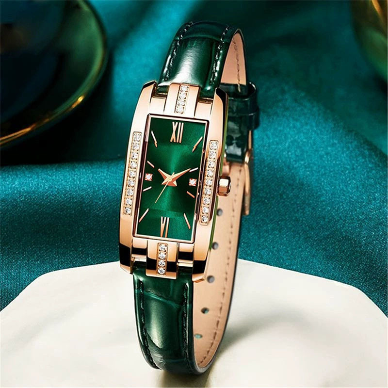 【Hot New Release】Fashionable women's square watch with rhinestones, a trending product for students and stylish girls. This attractive timepiece features a small green dial and elegant decorations, perfect for adding a touch of glamour to any outfit.